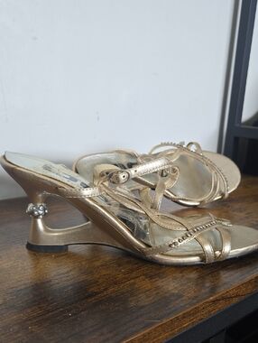 Metallic Funky Heel Gold Strappy Kitten Heels with Gem Accent